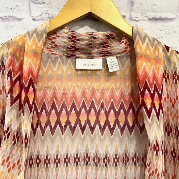 Chico's Womens Open Cardigan Front Orange Boho Tribal Geometric Size 1 Small - Picture 3 of 8
